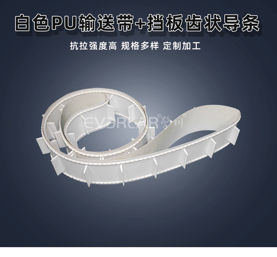 白色PU<a href='http://www.ontimecarpet.com/shusongdai/' target='_blank'><u>輸送帶</u></a>加擋板齒狀導(dǎo)條詳情01