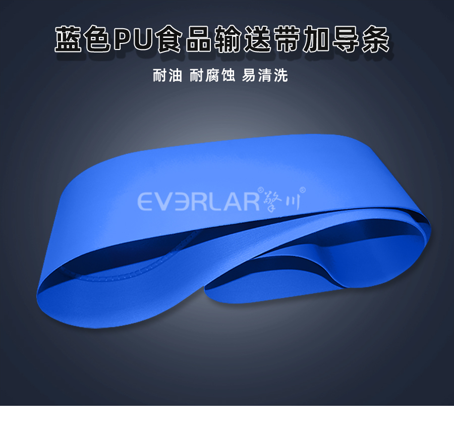 藍色PU食品<a href='http://www.ontimecarpet.com/shusongdai/' target='_blank'><u>輸送帶</u></a>加導(dǎo)條詳情01